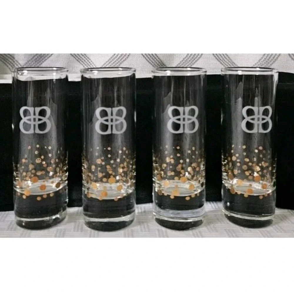 Set of 4 Baileys Irish Cream Gold Confetti Tall Shot Glasses Etched BB Logo 2oz.